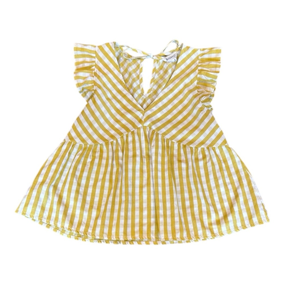 & Merci Women’s Yellow White Striped Blouse Short Sleeves Flutter Sleeve Size S